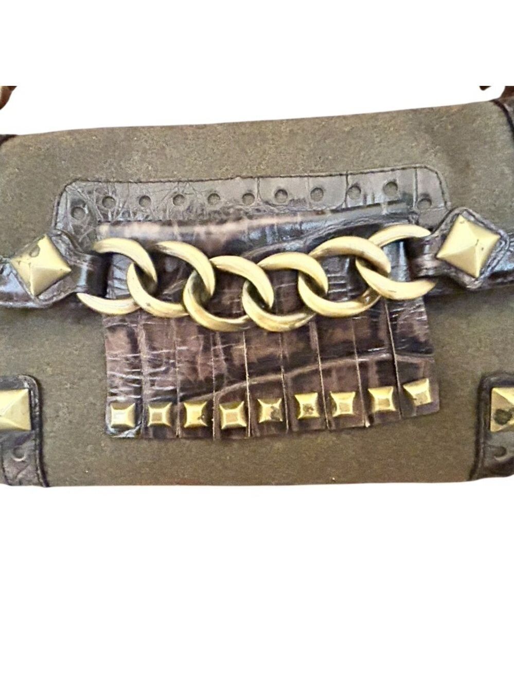 MICHAEL KORS Studs Chains Leather Fringe Vintage Army Green Wool Shoulder Bag EC - Picture 2 of 8